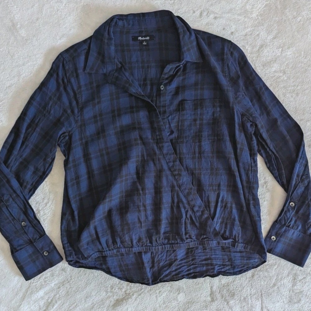 Madewell Plaid Surplice Wrap Top Blue Black Cotton Long Sleeve Sz M Fall Grunge